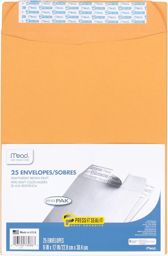 Mead Envelopes, Letter Size 9" x 12", Press-It Seal-It Self Adhesive Closure, Brown Kraft All-Purpose 24-lb Paper, Manila Mailing Envelopes, 25 Count (76086)