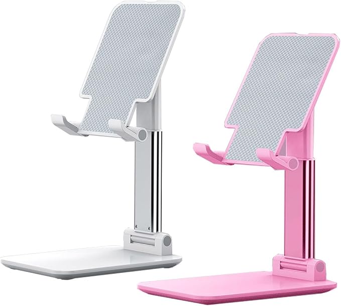 Phone Stand for Desk, Cell Phone Holder Cute Smart Cellphone Stand Foldable Stands Compatible with Under 8" Devices, Office Accessories, White-Pink