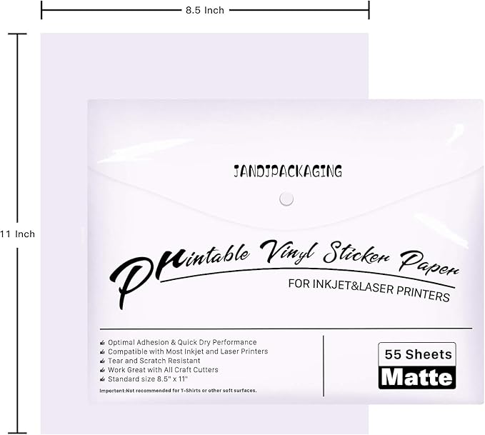 JANDJPACKAGING Printable Vinyl for Inkjet Printer - 55 Pack Matte White Printable Vinyl Sticker Paper Dries Quickly Vivid Colors, Holds Ink Well, Tear Resistant, Inkjet & Laser Printer