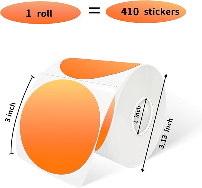3 Inch Orange Round Thermal Stickers, Self-Adhesive Circle Direct Thermal Labels, Multi-Purpose Roll Stickers for DIY Logo Design, QR Code, Name Tag (410 Labels, 1 Roll)