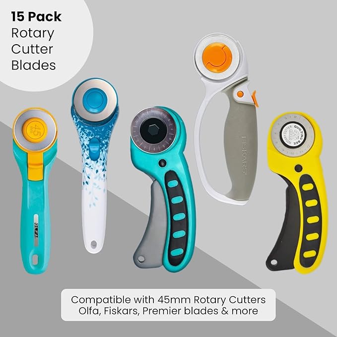 45mm Rotary Cutter Blades - (15 Pack) Fits Fiskars, Olfa, Martelli Blades and More - Studio Fabric Cutter Wheel for Fabric & Paper