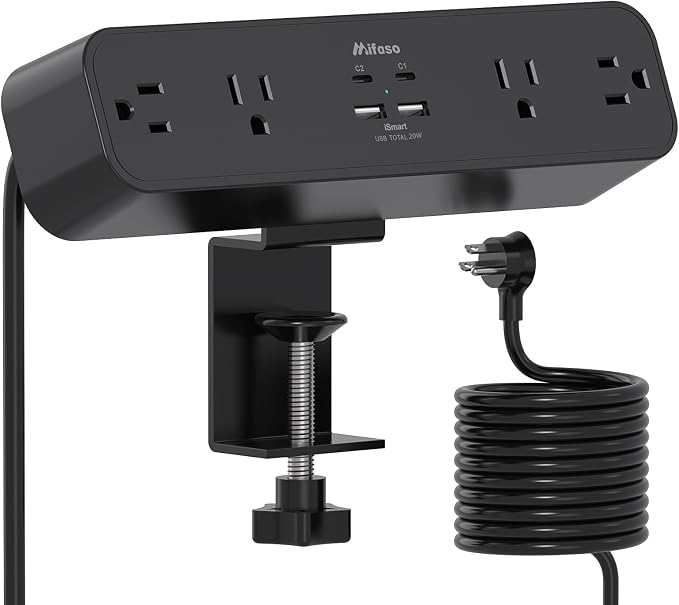 Mifaso PD20W USB C Desk Clamp Power Strip, 1080J Surge Protector | 4 Outlets, 4 USB (2 USBC), 5FT Extension Cord, Desk Organizer Gaming Accessories Office Essentials, Fits 1.96" Edge, Black