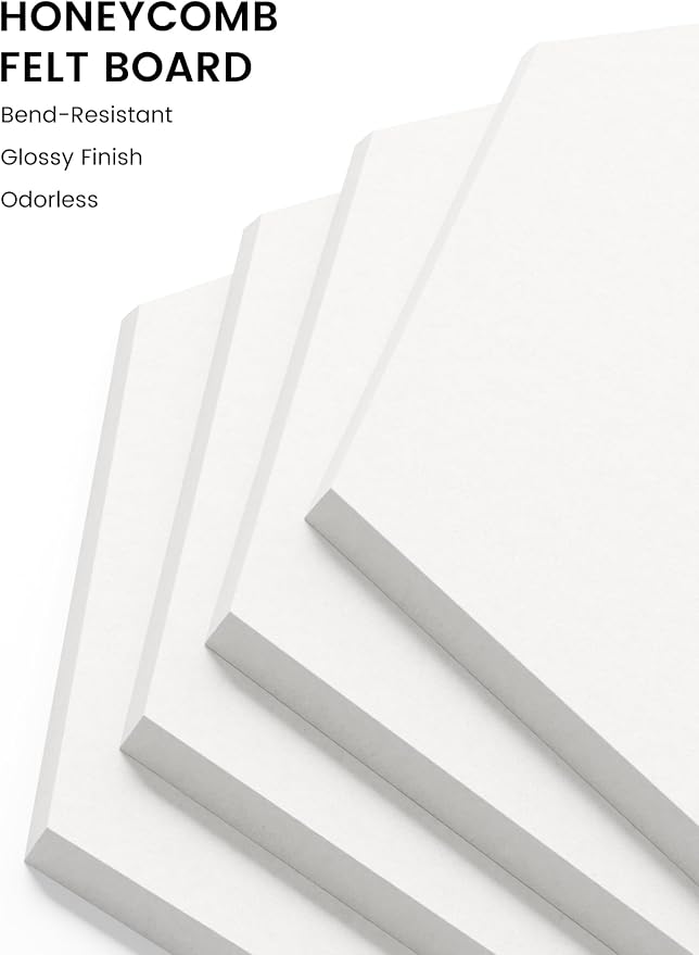 Fluxynara 8-Pack Hexagon Felt Bulletin Board Tiles, Milky White | Cork Board Alternative with 50 Adhesive Tabs for Notes, Photos and Reminders in Home Offices, Dorm and Classrooms