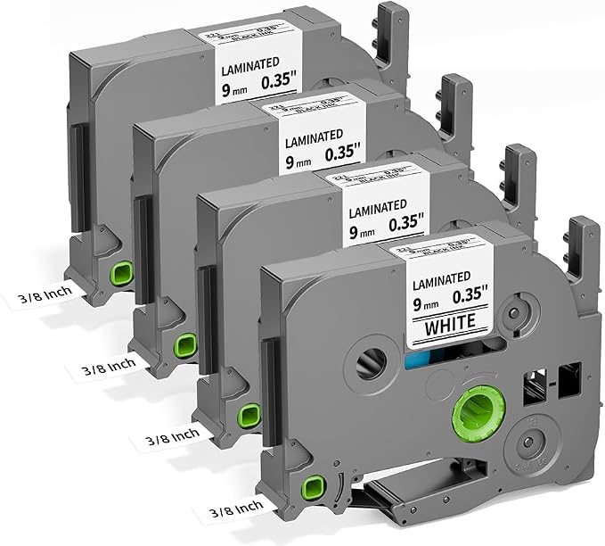 TZe-221 TZ Tape 9mm 0.35 Laminated White Compatible with Brother P Touch | Label Tape 3/8 Inch TZ TZe221 Compatible with PT-D200 1280 1180 1830 Label Maker Tape Refills, 8m (26.2 ft), 4 Pack