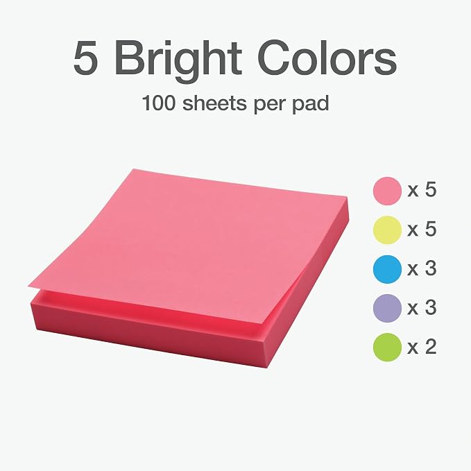 Redi-Tag Sticky Notes, Power Stick Notes, Adhesive Reminders, 3" x 3" Reusable Notes, Strong Adhesive Memos, Assorted Bright Colors, 18 Pack (1000977)