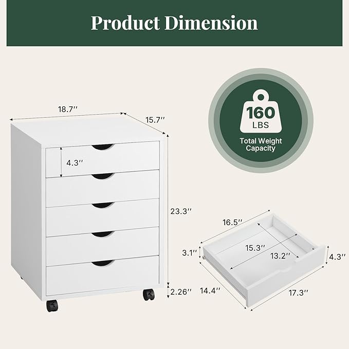 5 Drawers Mobile File Cabinet, Printer Stand Storage Cabinet | Under Desk Storage with Wheels, Vertical Filing Chest Rolling Wood Small Organizer for Home Office, Living Room, Light White