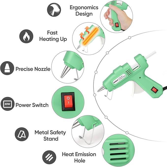 ROMECH 20W Mini Hot Glue Gun with 30 Glue Sticks Set, Fast Preheating Hot Glue Gun Kit Heavy Duty Gluegun for Craft, DIY, Repairs (Green)