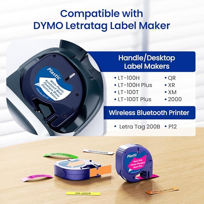 5 Pack Compatible with Dymo Letratag Label Maker Refills 12mm x 4m(1/2" x 13') for Labeler Letra Tag 200B LT 100H 100T Plus, Replacment for Dymo Label Tape Colored Plastic Label Maker Tape