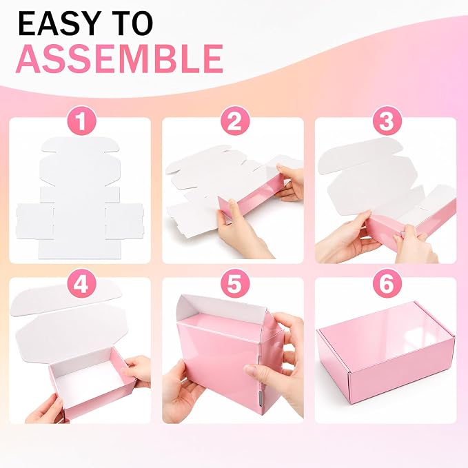 9x6x2 in Shipping Boxes Medium, 45 Pack Glossy Pink Corrugated Boxes, Cardboard Packing Boxes for Shipping Small Business Bulk