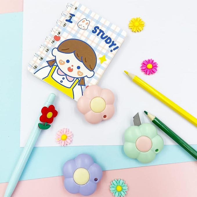 Cute Retractable Box Cutters, 3Pcs Flower Shaped Mini Art Cutter Utility Knife Sharp Cartons Cardboard Cutter Letter Opener Smooth for Office and Home Use