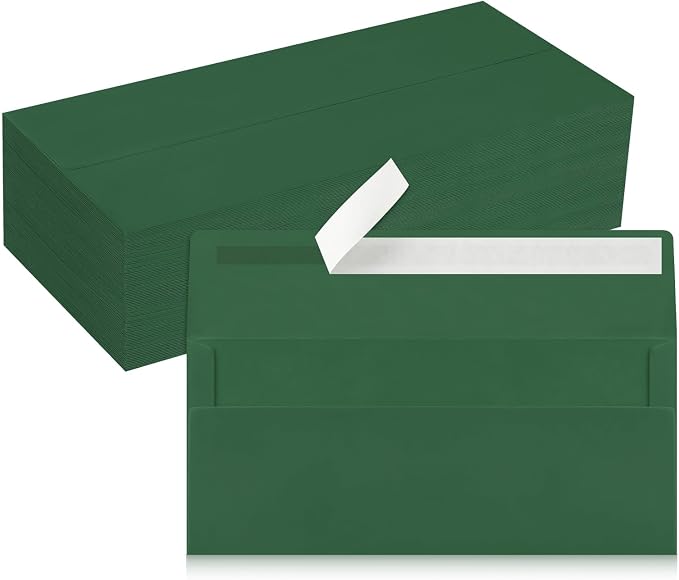 100 Pack Dark Green #10 Business Envelopes, Christmas Standard Envelopes Self Seal, Letter Size Mailing Envelopes for Checks Letters Invoices Birthday Party Graduation Wedding, 4 1/8 x 9 1/2 Inch