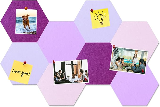 Large Hexagon Felt Cork Board Tiles, Self Adhesive DIY Felt Bulletin Board Pin Board with 35 Pushpins for Office School Home Wall Decor Stickers Memos Photos Display(Purple+Pink)