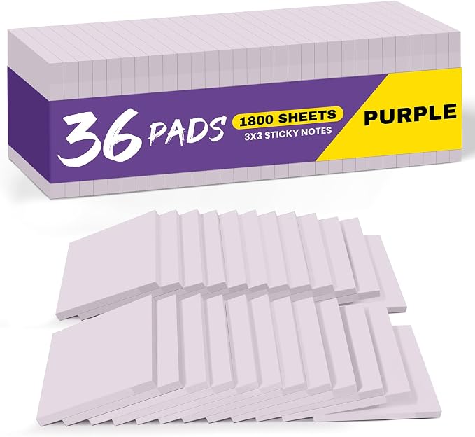 Taja 36 Pads Sticky Notes, 3 x 3 Inches, Purple Colors, 50 Sheets/Pad | Bulk Self-Stick Note Pads for Office, Study, and Daily Organization, Sticky Notes for Reminders, Lists