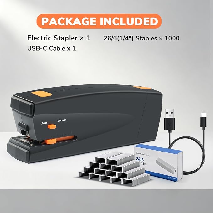 Rechargeable Electric Stapler, 25 Sheet Capacity, Quiet Operation, Jam-Free and Easy Reload, Includes 1000 Staples, Black