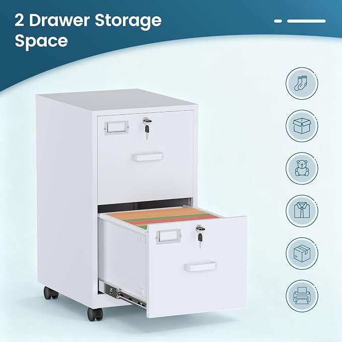 MIIIKO 2 Drawer File Cabinet with Lock, Metal Vertical Filing Cabinets for Home Office, Lockable File Storage Cabinets Under Desk, A4/Letter File Folders Storage-Assembly Required