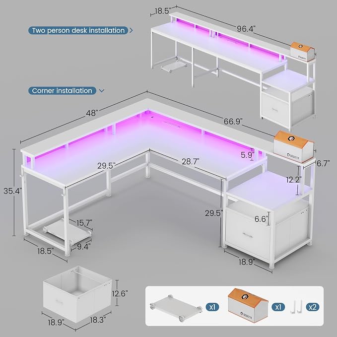 SEDETA 66" Reversible L Shaped Computer Desk with Power Outlet, File Drawer | Home Office Desk with Monitor Shelf, Storage Shelves, LED Lights for Corner Small Spaces, Gaming, White