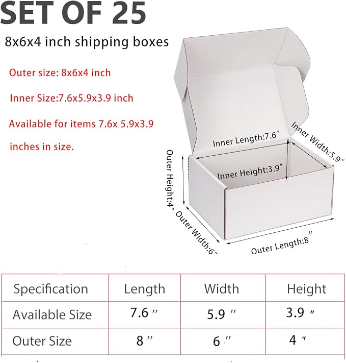 8x6x4 inch White Shipping Boxes for Small Business- Set of 25 | Sturdy ECT 32 Corrugated Cardboard Mailer Boxes, Easy Assemble for Packaging, Mailing, Gift