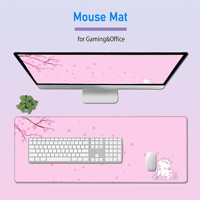 Pink Cute Anime Desk Mat,Cherry Blossom Cat Girly Mousepad,31.5x12in | XL Large Japanese Gaming Mouse Pad for Women Girls,Pastel Sakura Aesthetic Office Desk Decor Keyboard Mat,80x30 cm