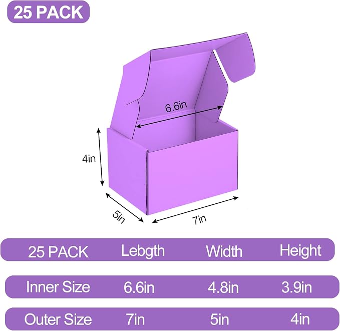 25 Pack Small Shipping Boxes Purple Corrugated Cardboard Box 7x5x4 inches，Corrugated Box for Packaging Small Business,Mailing Packing Literature Mailer,Shipping Gift Boxes