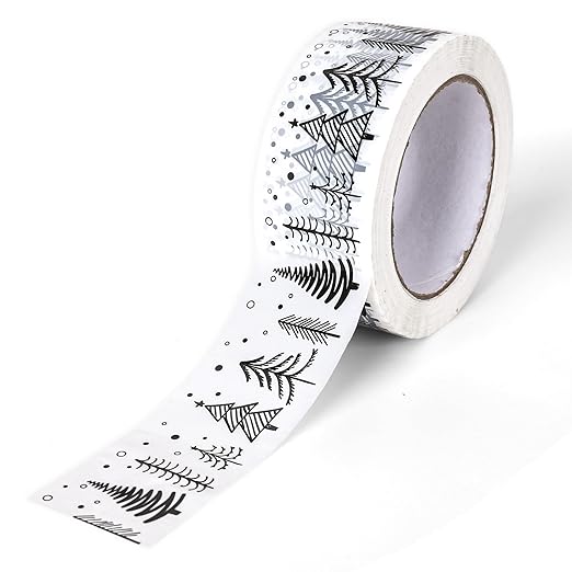 Whaline Christmas Packing Tapes Xmas Tree Printed Tape Waterproof Packing Shipping Tape Decorative White Gift Wrapping Tape for Small Business Gifts DIY Crafts Box Cartons Decor,1.89 in x 109yd