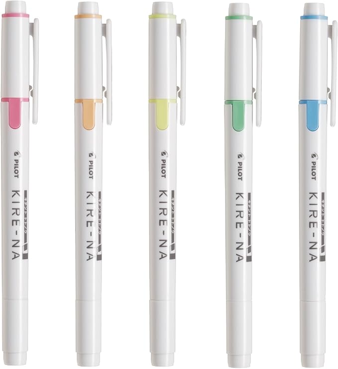 PILOT KIRE-NA Highlighter Set, Basic 5 Colors, Chisel and Fine Tip, Quick-Dry Pigment Ink, SKIW-1-5C1