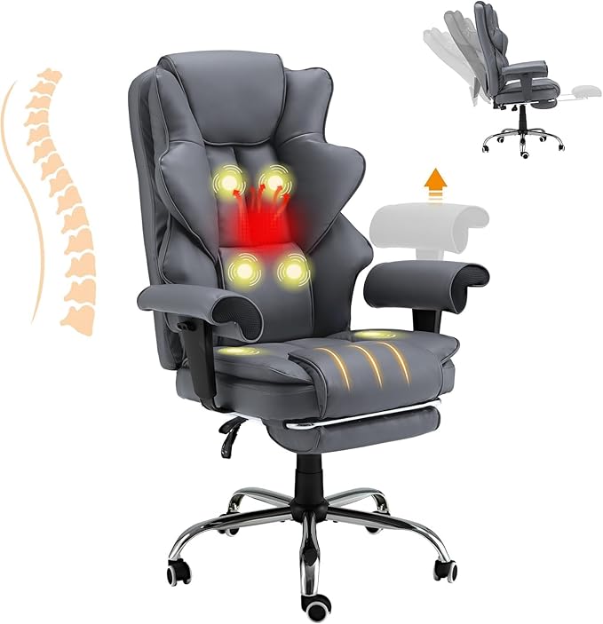 6-Point Massage Executive Chair,Heat Office Chair,Ergonomic Home Office Desk Chairs with Retractable Footrest and Reclining Function,Leather Computer Chair with Adjustable Armrest(‌Grey)