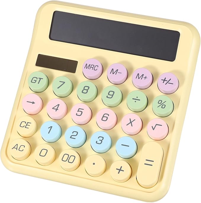 PATIKIL Cute Calculator, Desk Calculator Basic Big Button 12 Digit Large Display Mechanical AAA Battery Solar Power for Office Supplies Girl Female Woman Gift, Colorful Yellow