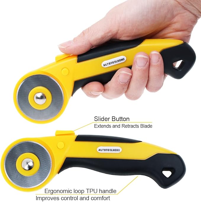 AUTOTOOLHOME 45mm Rotary Cutter with 9pcs Extra Blades Automatic Fabric Roller Cutter Perforator Crochet Edge Pinking Rotary Blades for Quilting, Sewing, Crafting