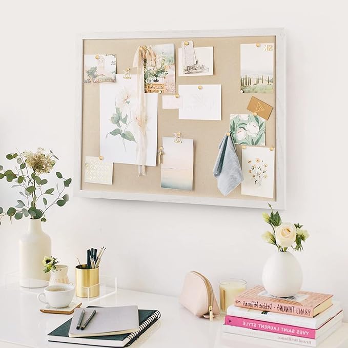 Miratino Large Bulletin Board 23x18 inch with Linen Cork Boards Wall Decor Hanging Pin Wood Framed Display Bulletin Cork Photo Picture Board Light for Room School Office 20-Pushpin Vintage White