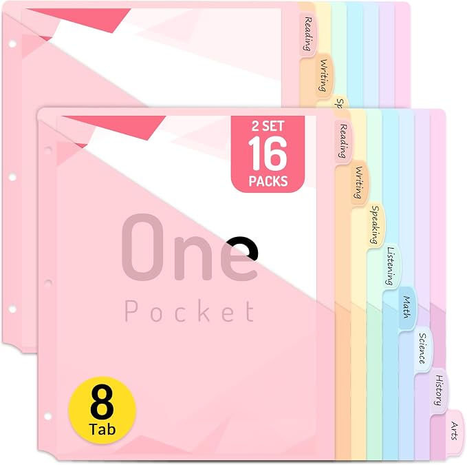 Forvencer 16 Count Dividers for 3 Ring Binder, 8 tabs Binder Dividers | Dividers with Pockets, Binder Dividers with Tabs for School Office and Home Organization, Multicolor, 2 Sets