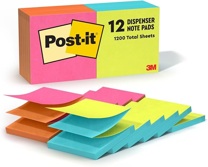 Post-it Pop-up Notes 3x3 in, 12 Pads, America's #1 Favorite Sticky Note, Alternating Colors of Power Pink & Vital Orange and Aqua Splash & Acid Lime, Poptimistic Collection, Clean Removal, Recyclable