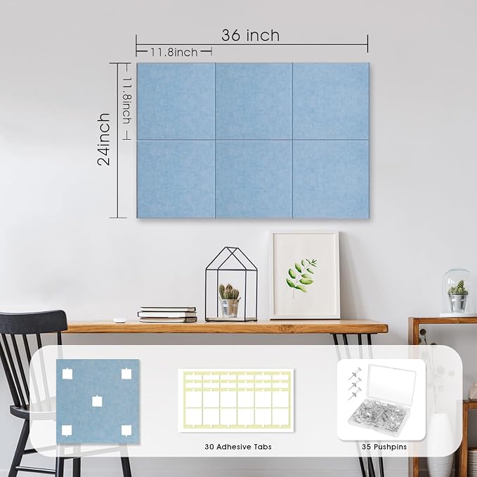 36" x 24" Large Felt Bulletin Board 1/2" Thick, Light Blue | 6 Pack Felt Tiles, Cork Board Alternative, 30 Adhesive Tabs, Pin Board for Home Office Decor with Easy Install