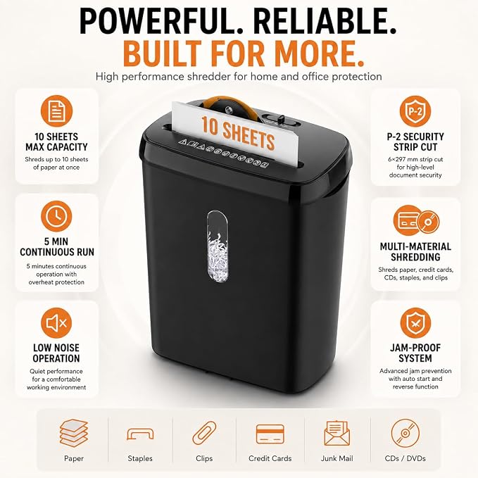 10-Sheet Strip Cut Paper Shredder with Jam Proof System, P-2 Security Level, 5-Minute Continuous Operation, 3.17 Gallon Capacity, Black