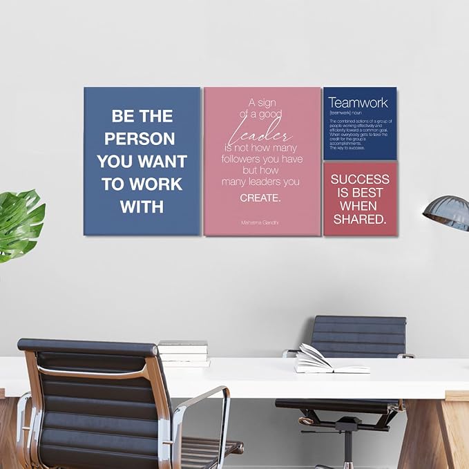 YEOION Inspirational Office Wall Art for Women,Motivational Teamwork Wall Decor for Office,Light Pink and Blue Postive Quote Workplace Canvas Wall Art for Set of 6