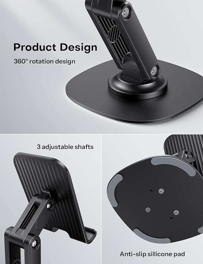 OMOTON Cell Phone Stand for Desk, 2 Pack Adjustable Foldable Phone Holder, 360 Swivel Mobile Stand Fit for iPhone 17 16 15 14 13 Pro Max and All Smart Phones, Black & Black