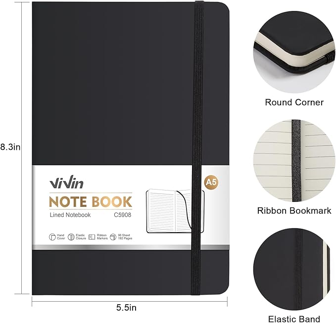 ViVin Lined Journal Notebooks for Work, 192 Pages, Medium 5.5 x 8.3 inch, College Ruled, A5 Hardcover Journaling Notebooks for Writing，Black，1 Pack