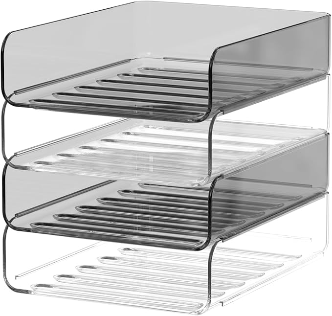 4-Tier Acrylic Paper Tray Organizer | Clear Stackable Desk Organizer for Documents, Letters, A4 Paper | Modern Office/Classroom/Home Organization,Clear&Brown