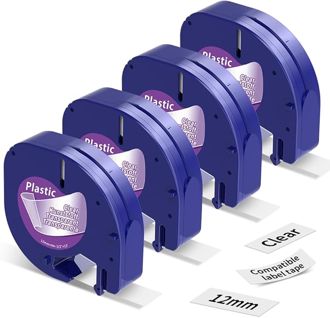 4 Pack Compatible with Dymo Letratag Refills Clear Plastic Label Maker Tape 16952 S0721530 12mm x 4m 1/2'' x 13' Replacement for Dymo Letra tag Label Maker Refills for LT-100T LT-100H Plus 200B