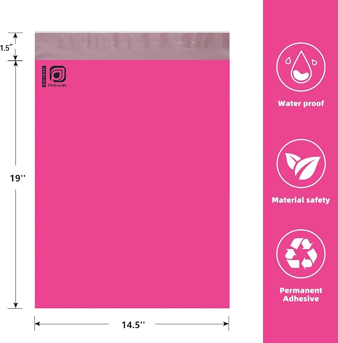 POLYSELLS 50 pcs 14.5x19 Inches Pink Poly Mailers Shipping Envelopes, Strong Adhesive Sealing, Waterproof, and Tear-resistant Postal Mailing Bags for Clothing and Accessories