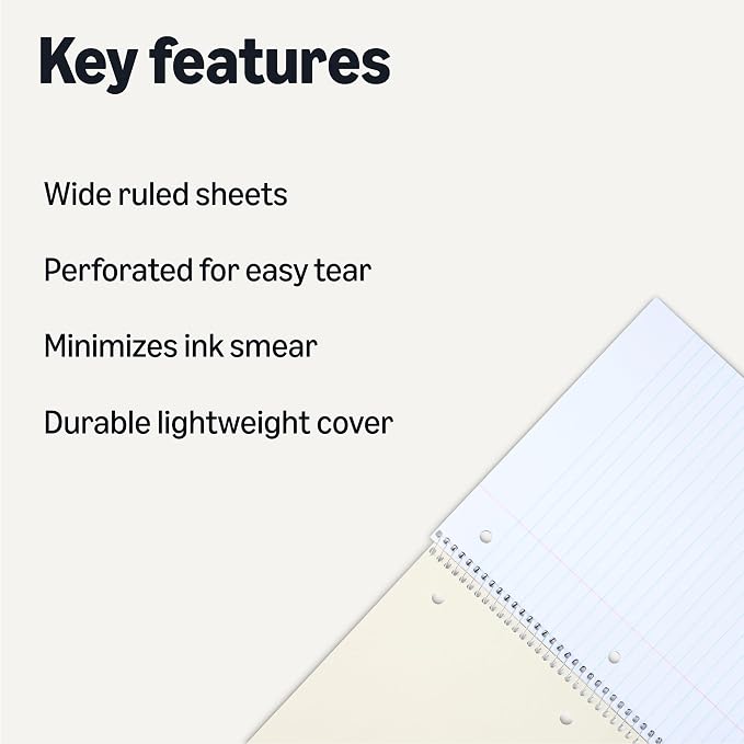 Amazon Basics Wide Ruled Spiral Notebooks, 70 Sheets, 7-1/2" x 10-1/2", Perforated, Assorted Primary Solid Colors, 3 Pack