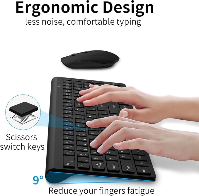Slim Silent Full Size Wireless Keyboard Mouse Combo Black | With calculator key, 2400 DPI quiet mouse, USB cordless set, compatible with Windows, Mac, Laptop & PC