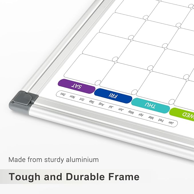 Colorful Dry Erase Calendar Whiteboard for Wall 24x18 Double-Sided Magnetic | Monthly Calendar, 7 Color Design, Wall Mount Hanging, Aluminum Frame, Smooth Dry Erase, Home School Office, Complete Kit