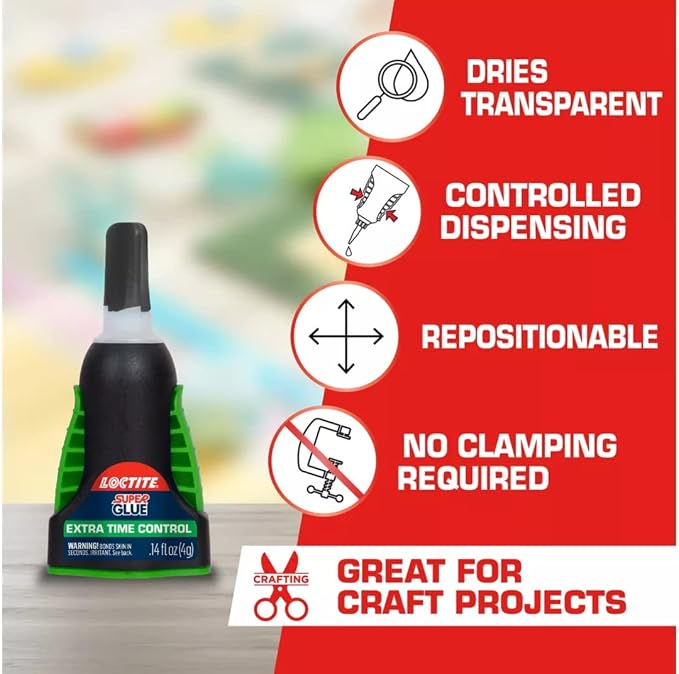 Loctite Super Glue Extra Time Control, Clear, 0.14 fl oz Bottle, 6 Pack - Superglue for Plastic, Wood, Metal, Crafts & Repair, Cyanoacrylate Adhesive Instant Glue