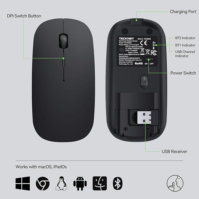 TECKNET Bluetooth Wireless Mouse for Laptop, Rechargeable Silent Computer Mouse (Bluetooth 5.2/3.0 & 2.4G), Ultra-Thin, 6-Level Adjustable 4800 DPI Bluetooth Mouse for Mac OS, iPad, Windows, Android