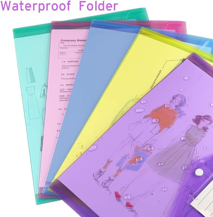 Sooez 12 Pack Folders Plastic Envelopes with Snap Closure, Clear Plastic File Folder for Document, Letter A4 Size Poly File Envelopes with Label Pocket for Home Work Office Organizer, 5 Colors