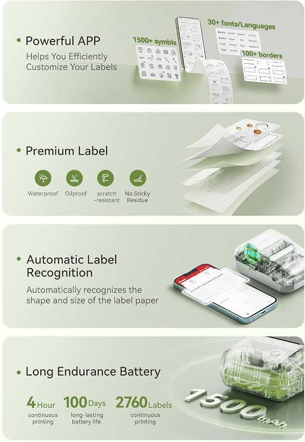 NIIMBOT B1 Label Maker Machine with Tape, 2Inch Thermal Label Printer | Portable, Bluetooth, Multiple Templates App, for Home, School, Office, Small Business, Compatible with Phones and PC (Green)