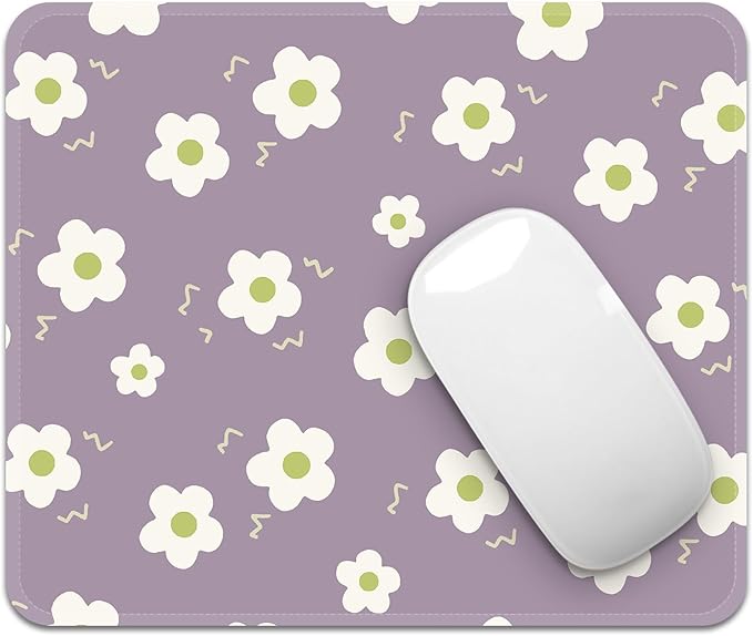 Mouse Pad with Stitched Edges - Purple Floral Mousepad for Women, 9.25 x 7.75 inch Washable Square Desk Pad, Non-Slip Rubber Base, Office Home Laptop Accessories - Purple Bloom