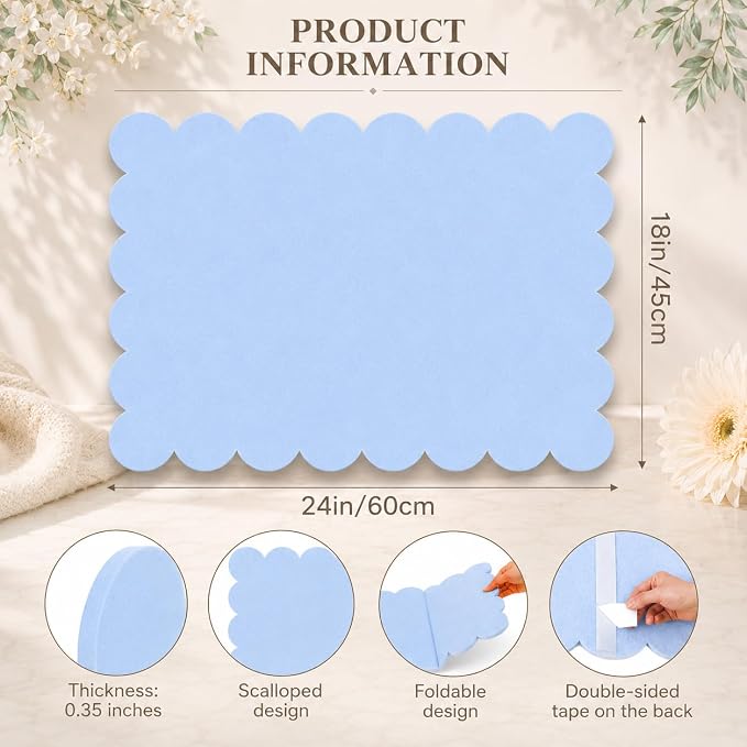 Scalloped Felt Bulletin Board 24x18 Inch, Blue Decorative Pin Board | Self Adhesive Vision Board for Wall, Memo Board for Bedroom, Dorm and Office, Felt Board for Notes, Photos and Reminders