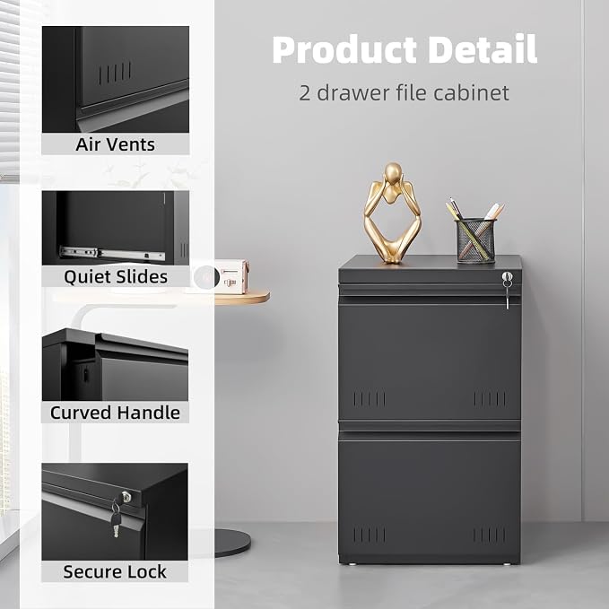 Approgreent 2 Drawer File Cabinets for Home Office, Vertical File Cabinet with Lock, Office Cabinet for A4/Letter/Legal Size, Under Desk Filing Cabinet, Assembly Required(Black)