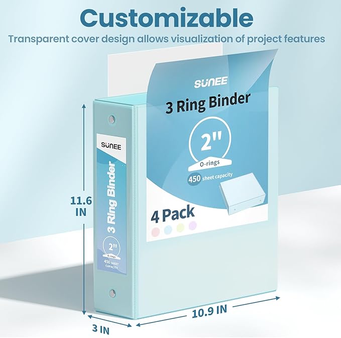 SUNEE 3 Ring Binders 2 Inch 4 Pack, Clear View Binder Three Ring PVC-Free (Fit 8.5x11 Inches) for School or Office Supplies, Blue
